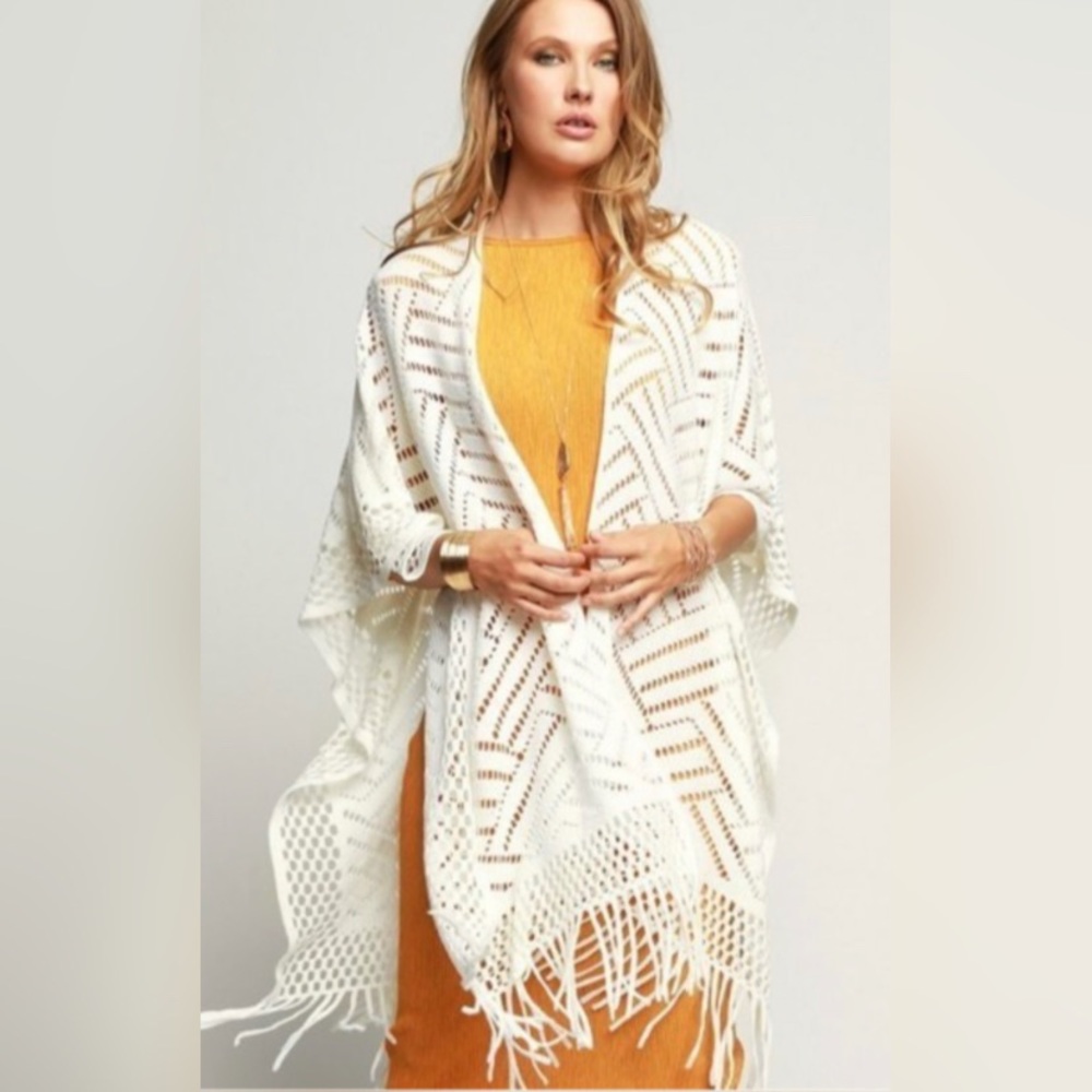Ivory Long Crochet Ruana with Fringe - Picture 5 of 5